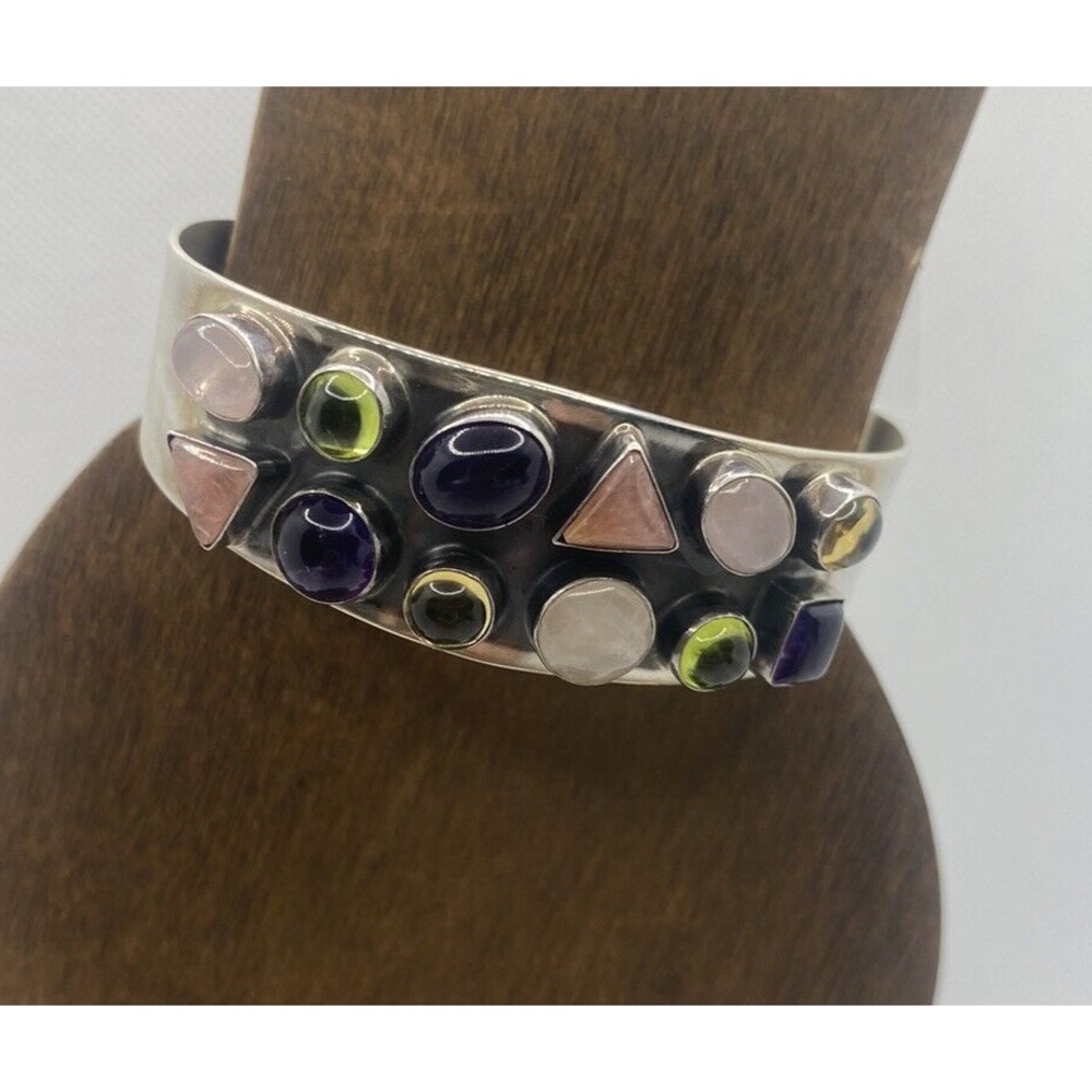 Sterling Silver DTR China Stamped Cuff/Bangle Bracelet w/ Multi Gemstones